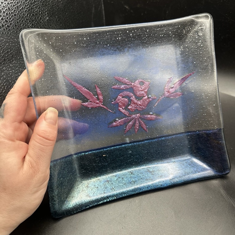 Dichroic Studio Art Fused Glass Rectangular Plate With Rabbit Design Blue Red - Picture 2 of 8